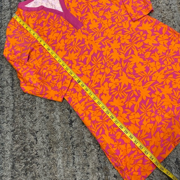Lands' End Pink orange leaf tropical print 3/4 sleeve notch neck dress sz medium - Picture 8 of 12